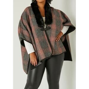 JONES NEW YORK Women's Plaid Faux Fur Trimmed Ruana Cape Shawl Poncho | NWT